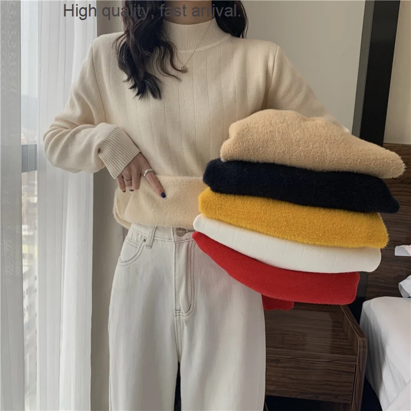 

Winter Autumn and New Warm Inner Wear Base Knitwear Women's Fleece-Lined Thickened Half-High Collar Sweater Long Sleeve Top