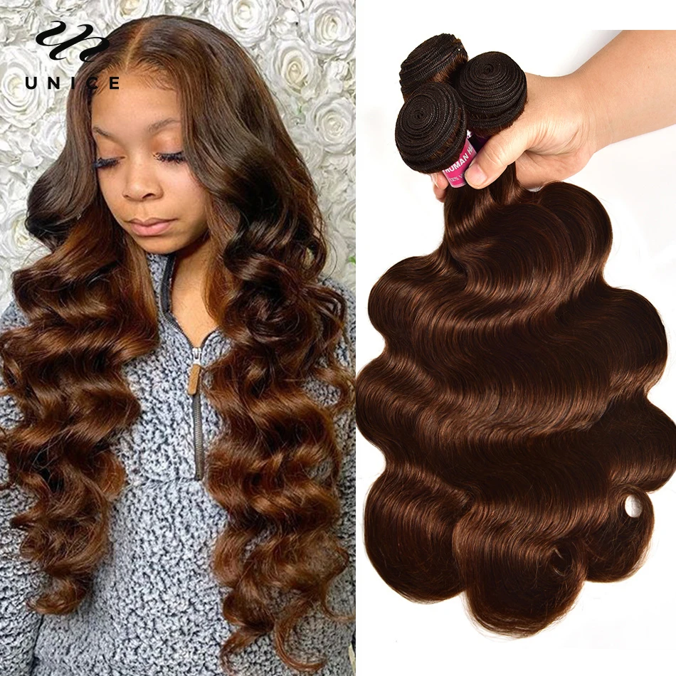 Unice Hair 2# 4# Brown Hair Bundles Caramel Highlight Brazilian Hair Weave Bundles 3 Bundle Deals Straight/ Body Wave Human Hair