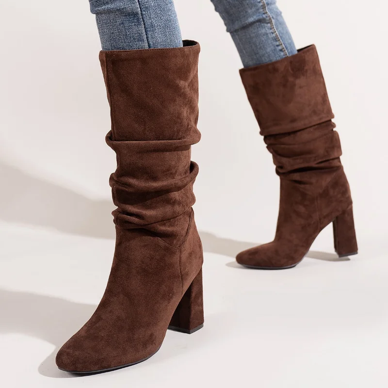 

2023 Women's Shoes Mid-Calf Women's Boots Outdoor Modern Boots Women Solid Slip-on Pointed Toe Heeled Shoes Female Zapatos Mujer