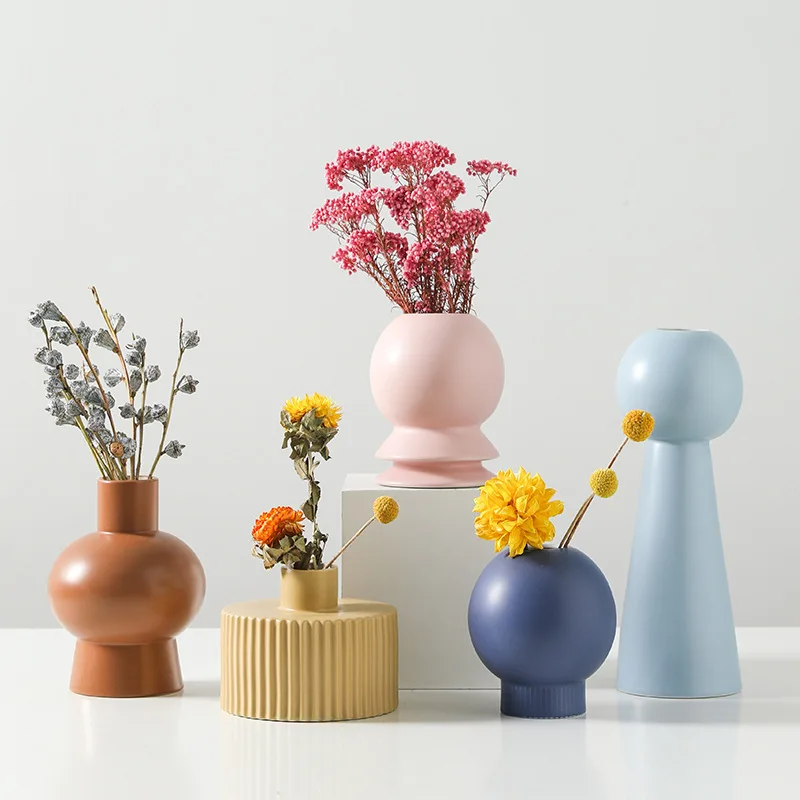 

Nordic Ceramic Table Decoration Living Room Art Flower Arrangement Dried Flower Creative Ornament Plug-in Wind Small Vase Pink