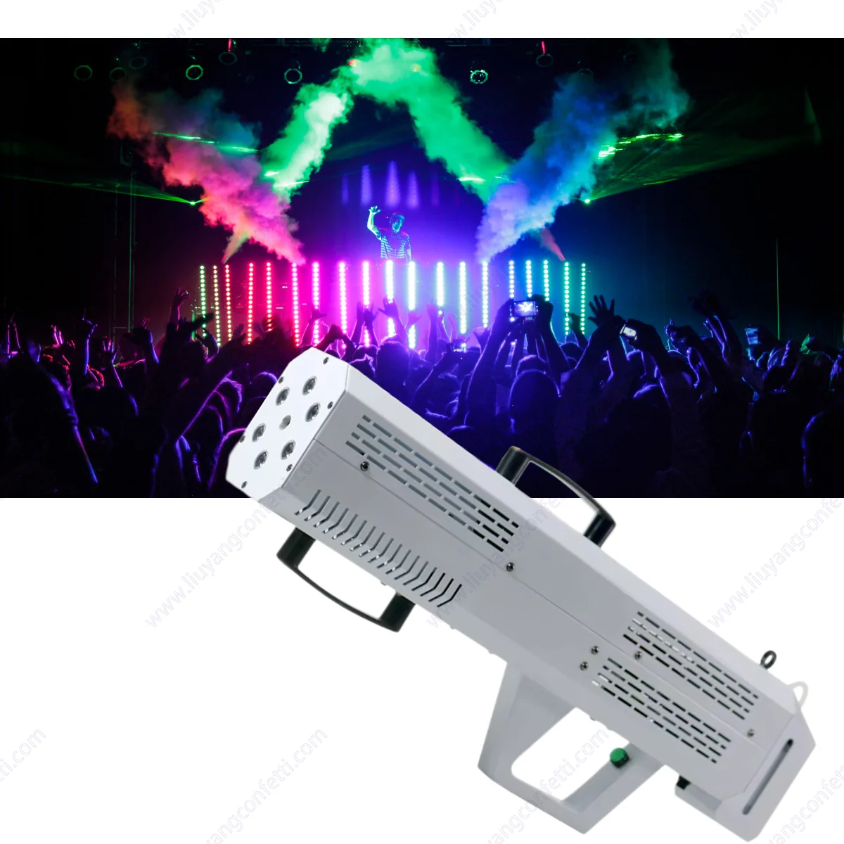 Фото Ручной держатель Портативный ночной клуб Dmx Disco Dj Party Smoke Gun Shooter Led Лазерные противотуманные фары Спрей для запотевания RGB Smoke Co2 Jet Machine №4