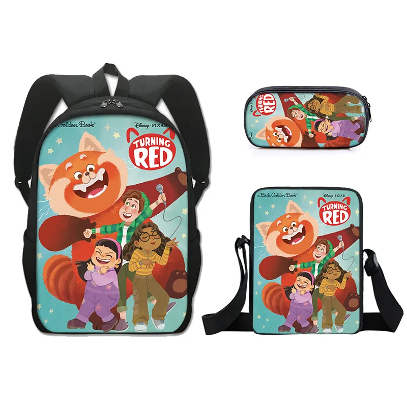 

3Piece Set Disney Backpack Cartoon Turning Red Polyester Back To School Girl Boy Child Cute School Bag Pencil Case Small Satchel