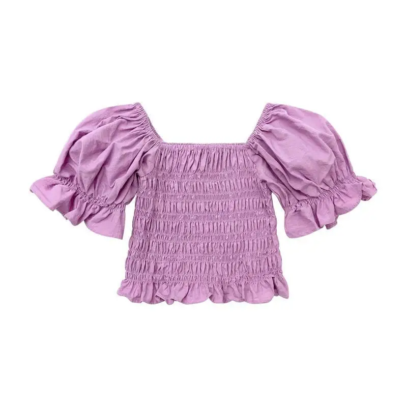 

Kids Girls Pleated T-shirts 2022 New Arrival Children Summer Casual Bud T-shirts Solid Cotton Tops White Black Pink Cute Tops