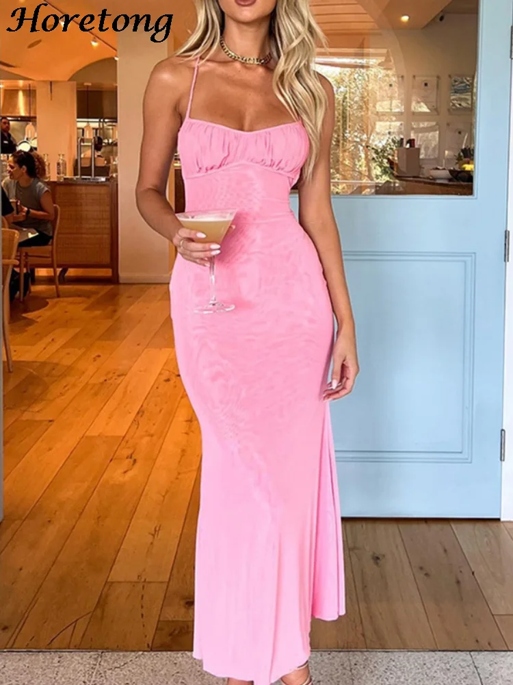 

Horetong Sexy Dresses For Women Summer Vintage Spaghetti Strap Backless Party Maxi Dress Bodycon Ladies Elegant Long Sundress