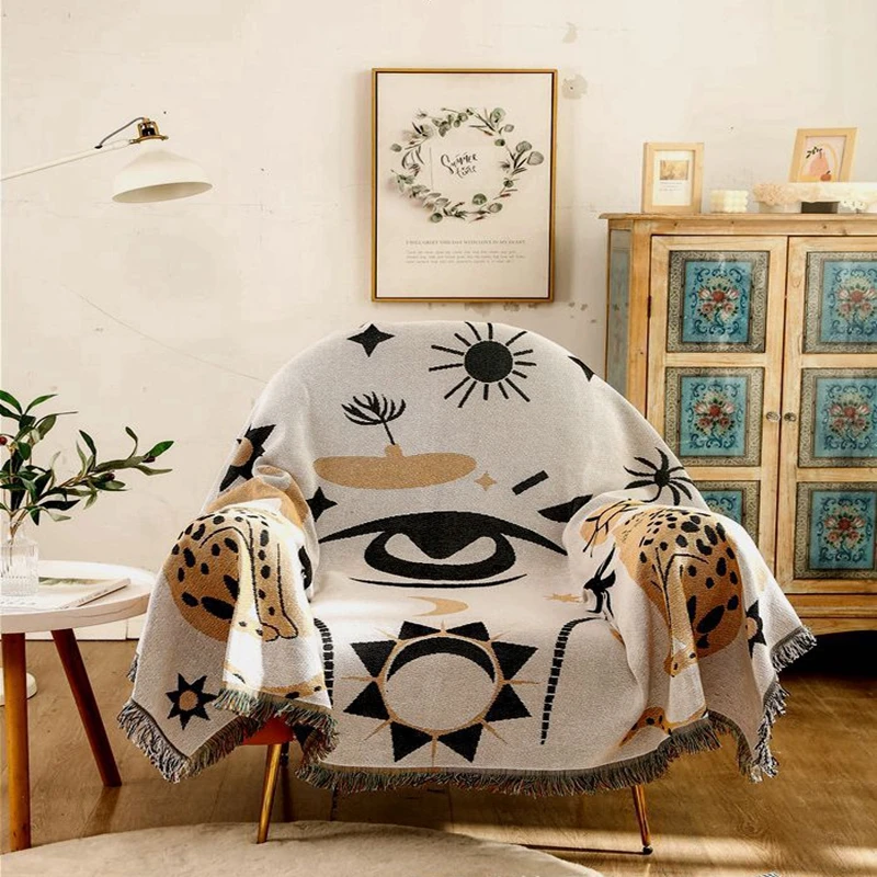 

Nordic Style Knitted Leisure Blanket Picnic Mat Cartoon Leopard Throw Home Decor Slipcover Tassel Tablecloth Tapestry Dust Cover