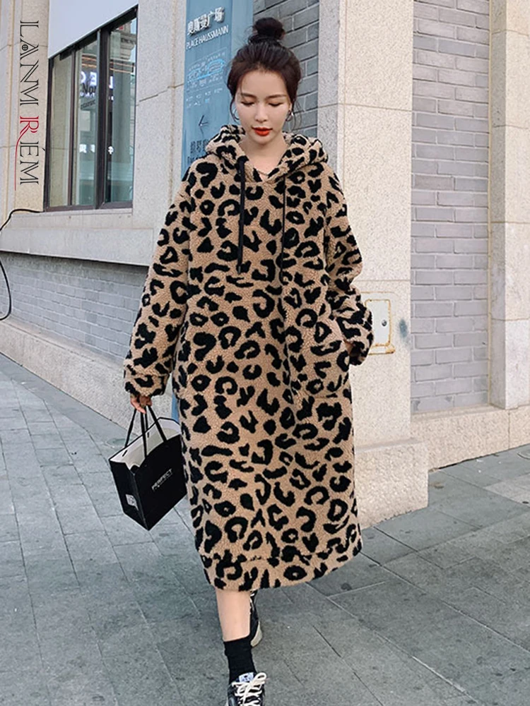 

LANMREM Leopard Print Lamb Wool Dress Women Hooded Loose Casual Long Sleeves Fashion Dresses Autumn Winter Korean Trend 2R7695