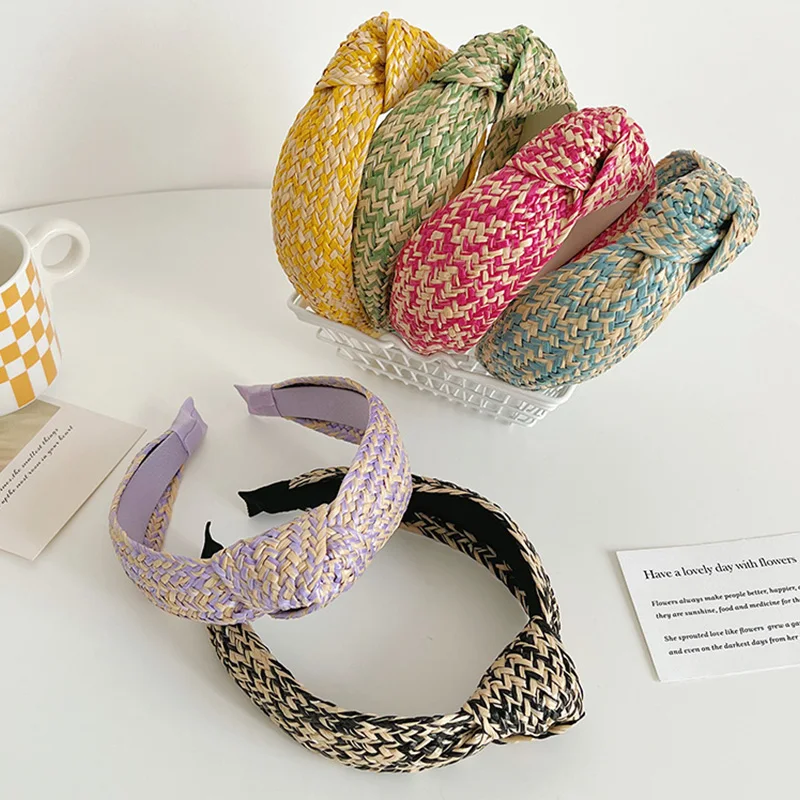 

Fashion Straw Headband Women knotted Hairbands Braided straw Hair Hoop wide bezel Headwear For Girls makeup Hair Accessories