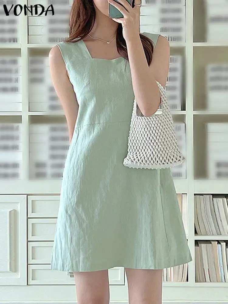 

Sexy Sleeveless Sundress VONDA Square Collar Mini Dress Women Bohemian Casual Solid Summer 2023 Loose Party Beach Robe Femme