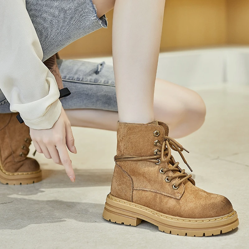 Women's Leather Boots Rough Machine Motorcycle Boots Women's Unisex Round Toe Lace Combat Boots Platform Shoes New Botas Mujer