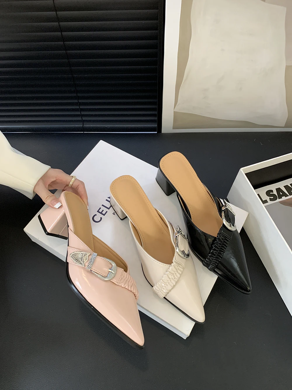 Мюли женские с острым носком летние туфли-лодочки на толстом высоком каблуке