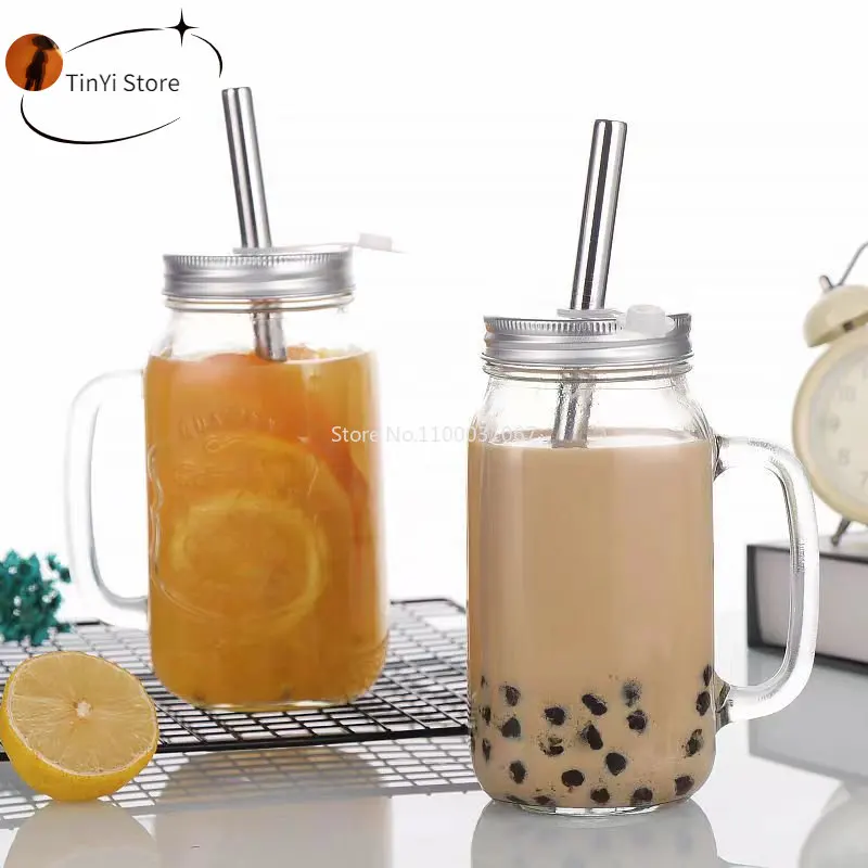 

1/2PC 450/650/750ml Mason Jar Mugs with Handles Glass Bottle Juice Drink Clear Glass Water Bottle With Cover Straw Drinkware Cup