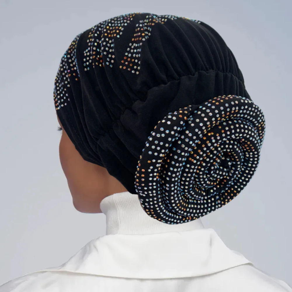 2022 New Women's Pleated Turban Cap with Padded Diamonds Design Elastic Muslim Headscarf Bonnet African Headwrap India Hats