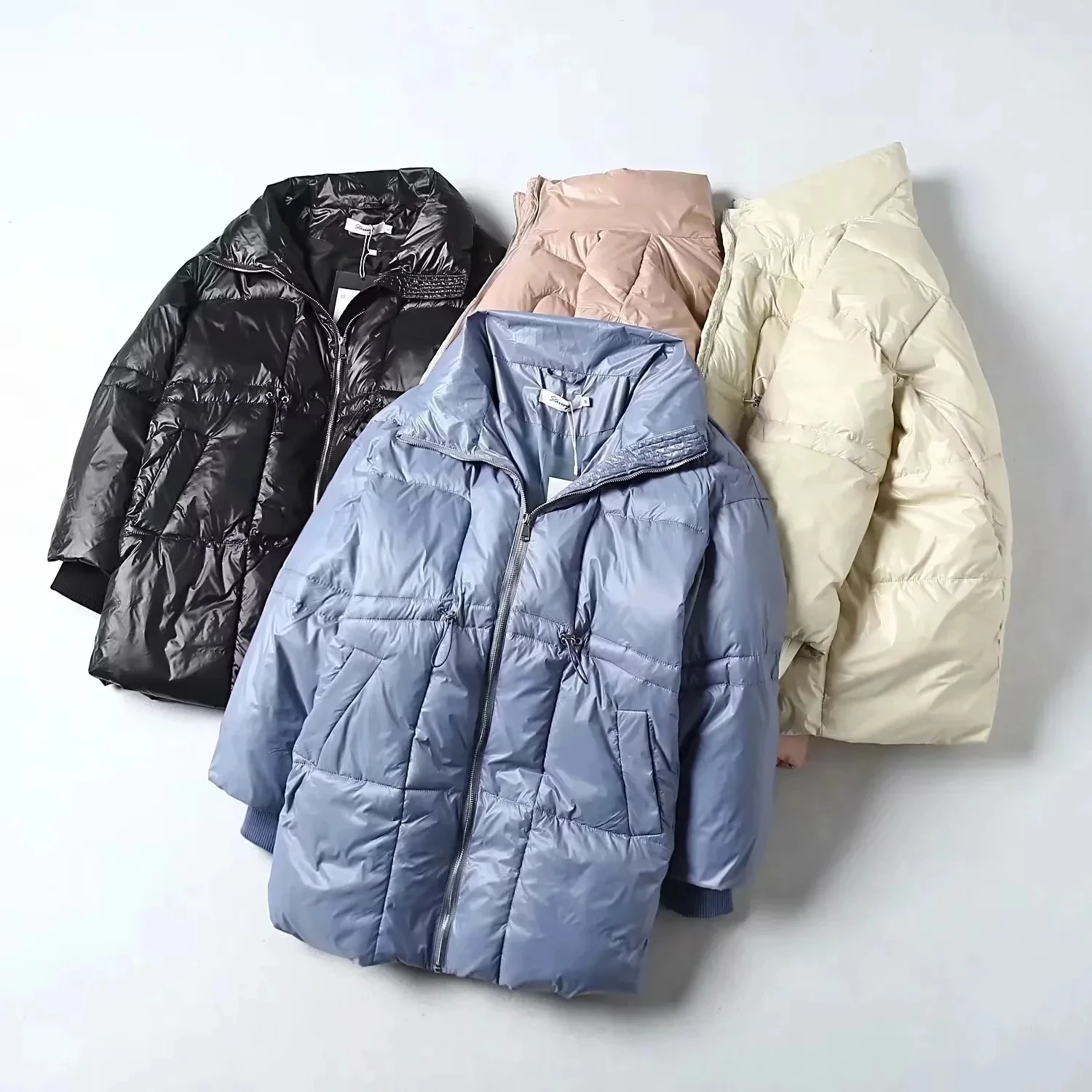 Autumn Winter Women's Three-color Three-way Fabric Mid-collar Long-sleeved Zipper Pocket Design Cotton Coat Keep Warm Windproof