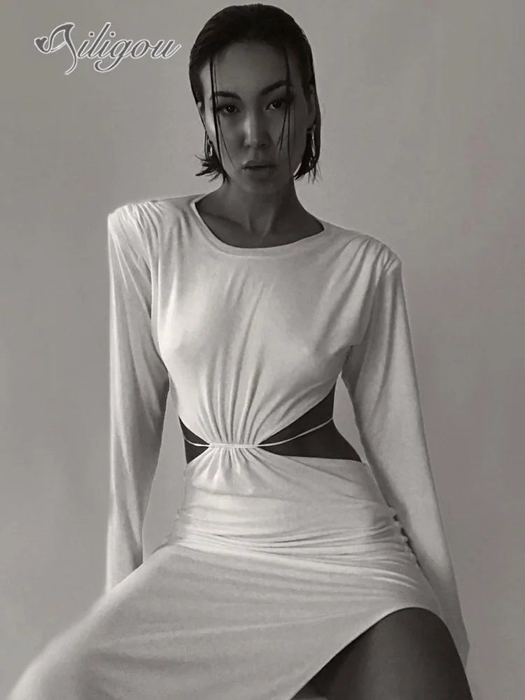 

Ailigou 2022 New Ladies Sexy O Neck Backless Cutout Skinny Fitted Long Dress Fashion Black White Celebrity Party Dress Vestidos