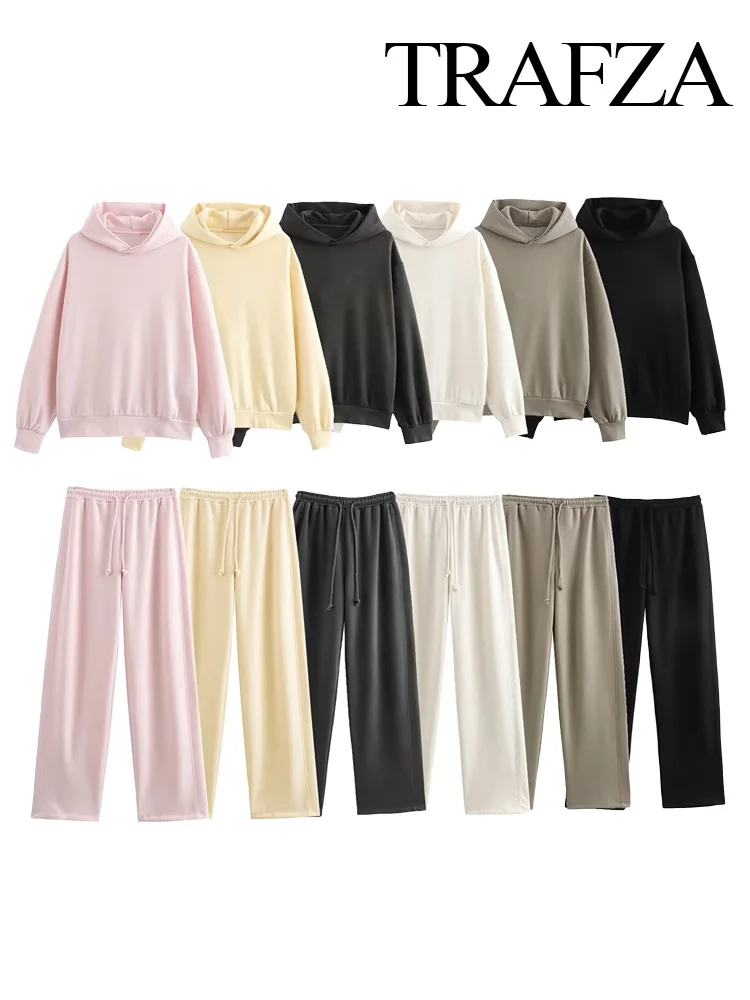 TRAFZA женские модные брючные костюмы трендовый однотонный свитшот с капюшоном топ