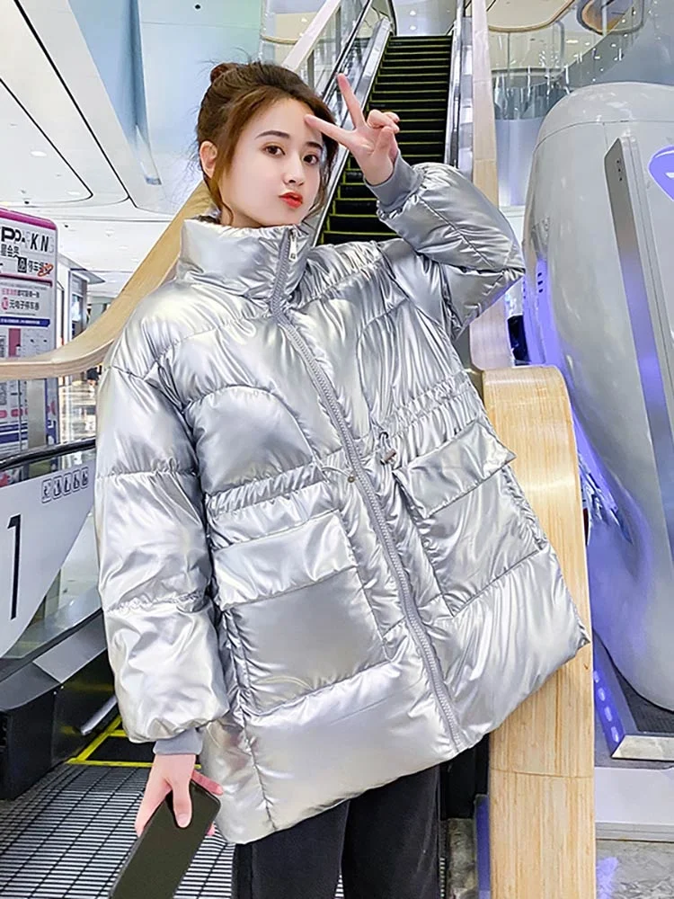 2022 Women Winter Long Jacket Parkas Bright Shiny Stand Collar Warm Thicken Padded Female Coat Korean Casual Clothes