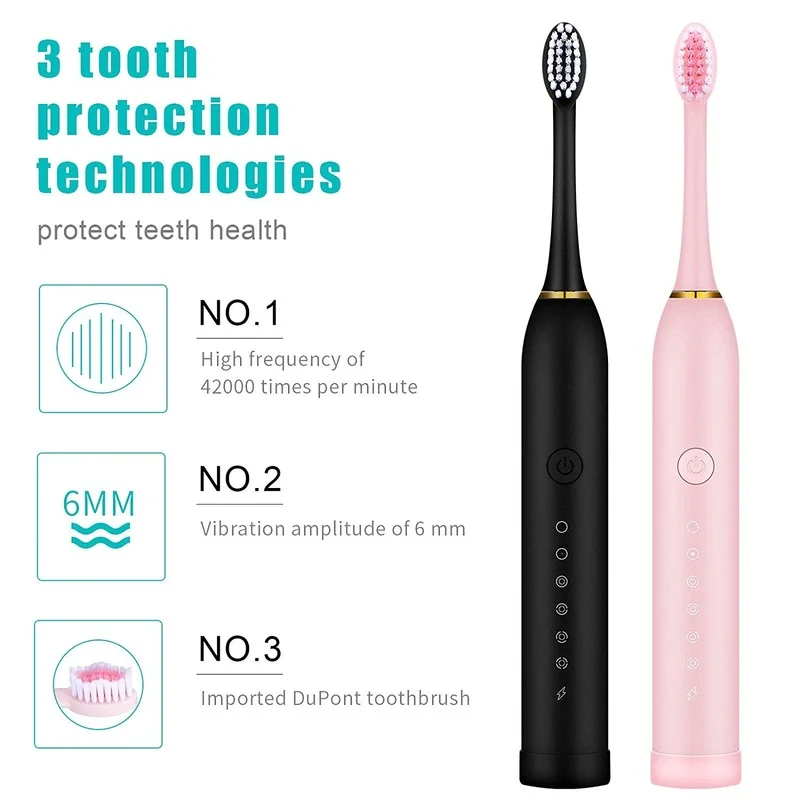 Зубная щетка электрическая звуковая для взрослых и детей 6 режимов умный таймер