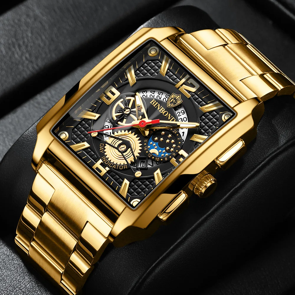 

BINBOND Men's Retro Square Calendar Waterproof Luminous Multi-functional SportsGold Watch Quartz Clock Relogio Masculino