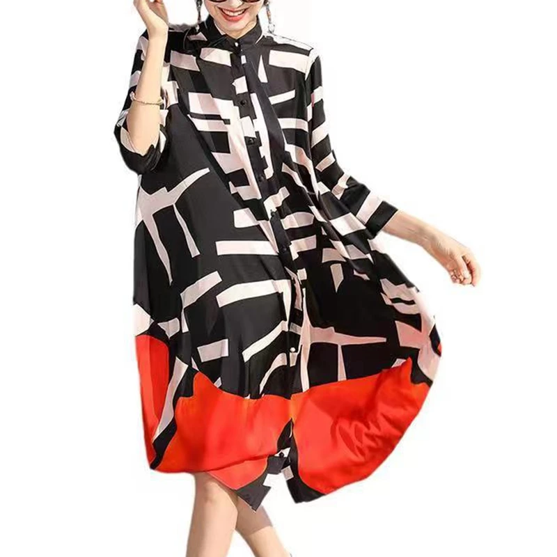 

4XL Plus Size Women's Dress Short Sleeve Geometric Print Button Summer 2022 Holiday Midi Dresses Ladies Clothing Wholesale XC162