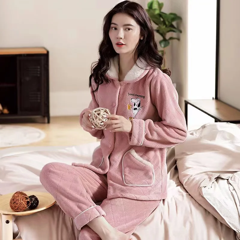 Winter Warm Pajamas Set For Women Flannel Homewear Coral Fleece Sleepwear 2 Piece/Set Nightgown Pijamas Mujer Home Wear