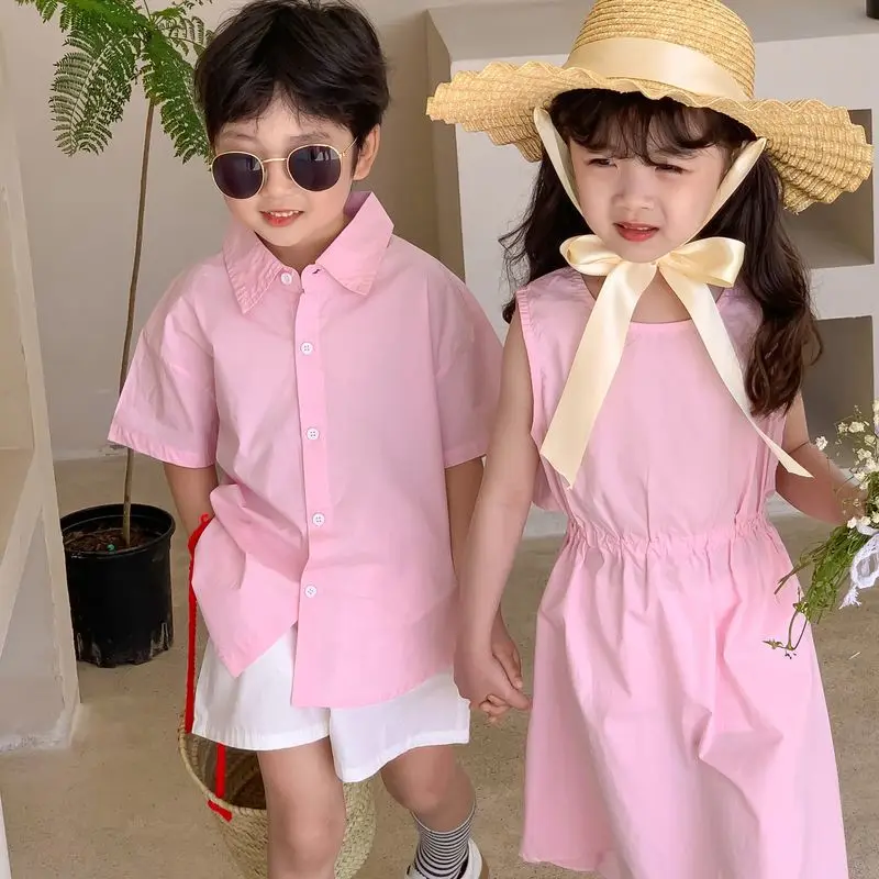 

Летний детский комплект HAYANA 2022, хлопковое розовое платье, рубашка + шорты, топы для мальчиков, детская одежда, костюм