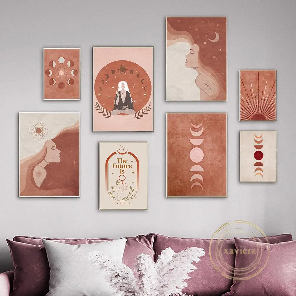 

Boho Sun Moon Canvas Painting Abstract Yoga Woman Orange Beige Picture Modern Wall Art Poster Home Decor Yoga Room Girl Bedroom