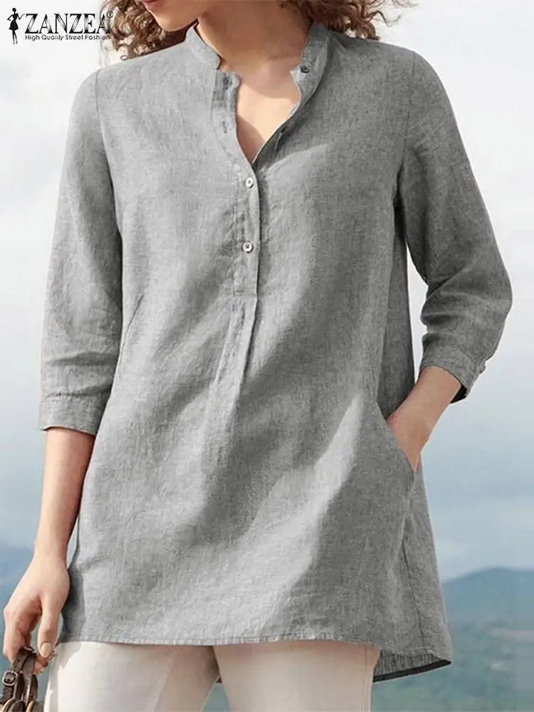 

Vintage Solid Shirts Women Summer Blouses ZANZEA 2022 Casual 3/4 Sleeve Blusas Female V Neck Tunic Oversized Solid Chemise Top