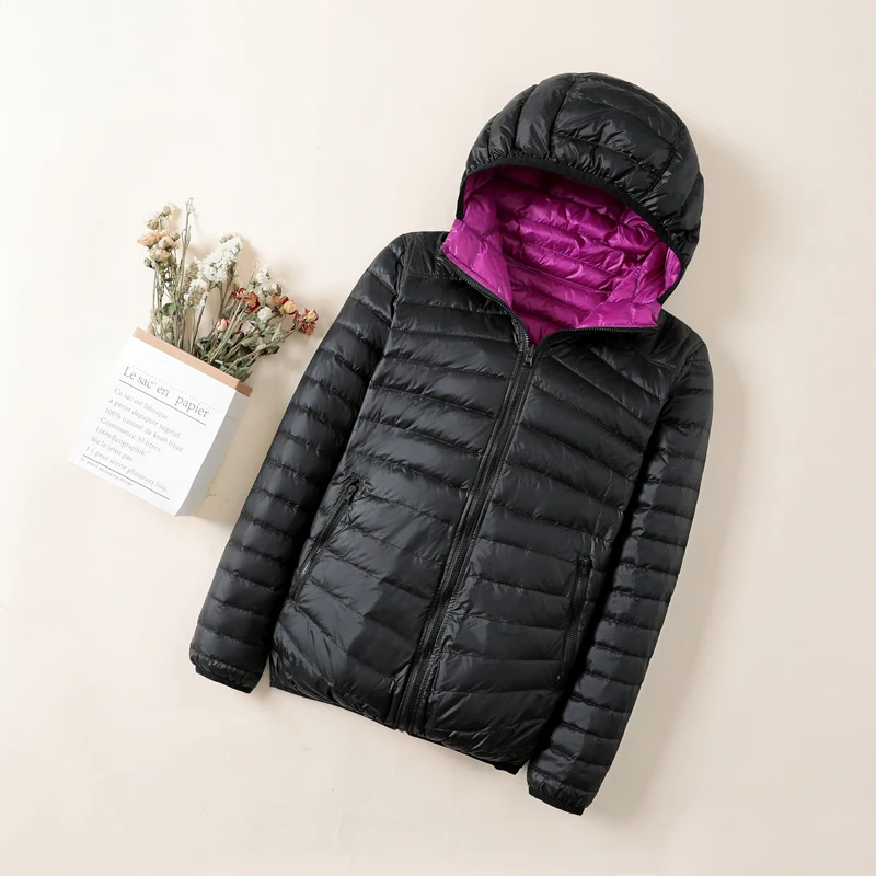 

Women's Double-sided Down Jacket Winter Insulation Hooded White Duck Down Long Sleeved Jacket Light and Thin Solid Color Top