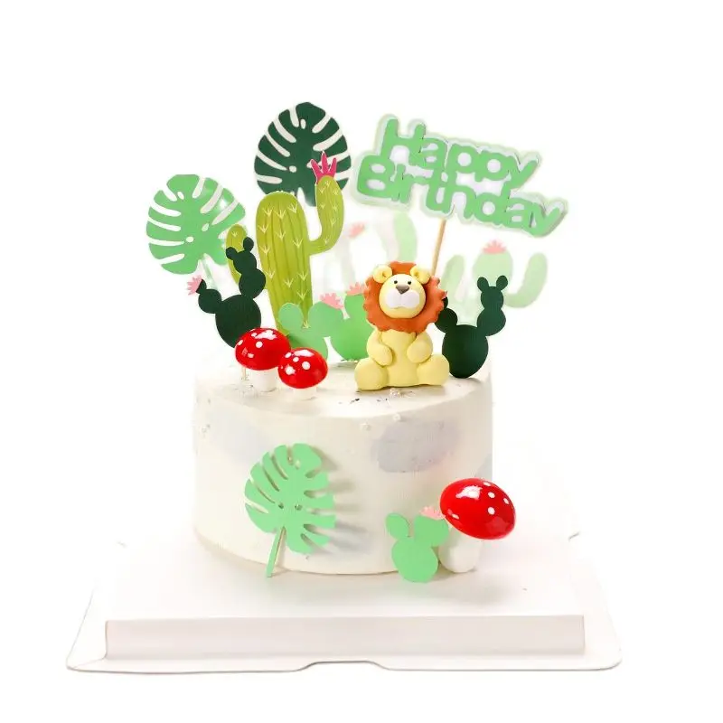 

Monstera Deliciosa Lion Green Forest Cactus Theme Happy Birthday Cake Topper Kids Favors Safari Birthday Party Supplies