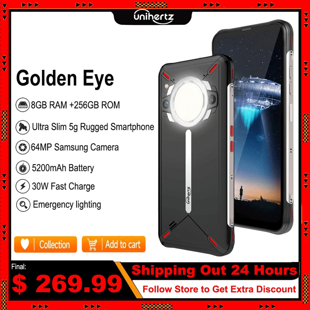 Unihertz Golden Eye 5g Ultra Thin Rugged Smartphone 8GB 256GB Cellphone Emergency Bicycle Light G99 64MP Camera Mobile Phone