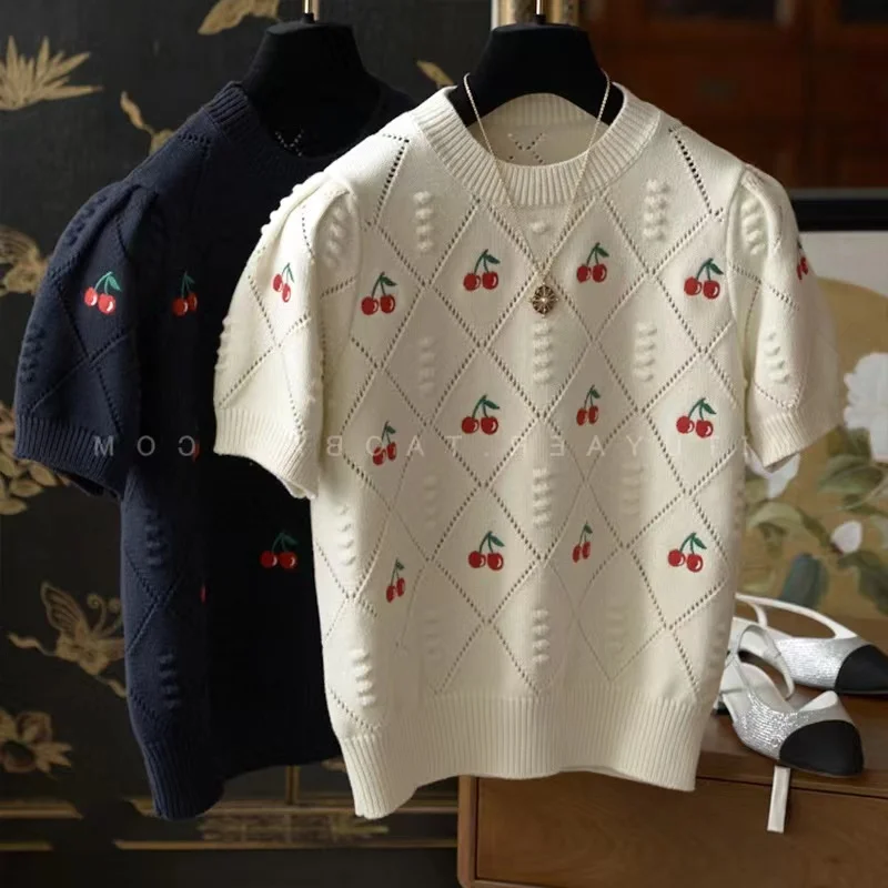 

Summer 3D jacquard Chreey Short Sleeve Pullovers Women Argyle Hollow Puff Sleeve Knitwear 2023 Korean Fashion Female Sweater