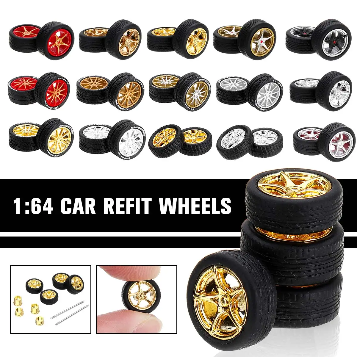 

1:64 Car Wheels Tire Modified Vehicle Alloy Rubber Car Refit Wheels For 1/64 Cars Suitable For Some Cars 4 Wheels One Set