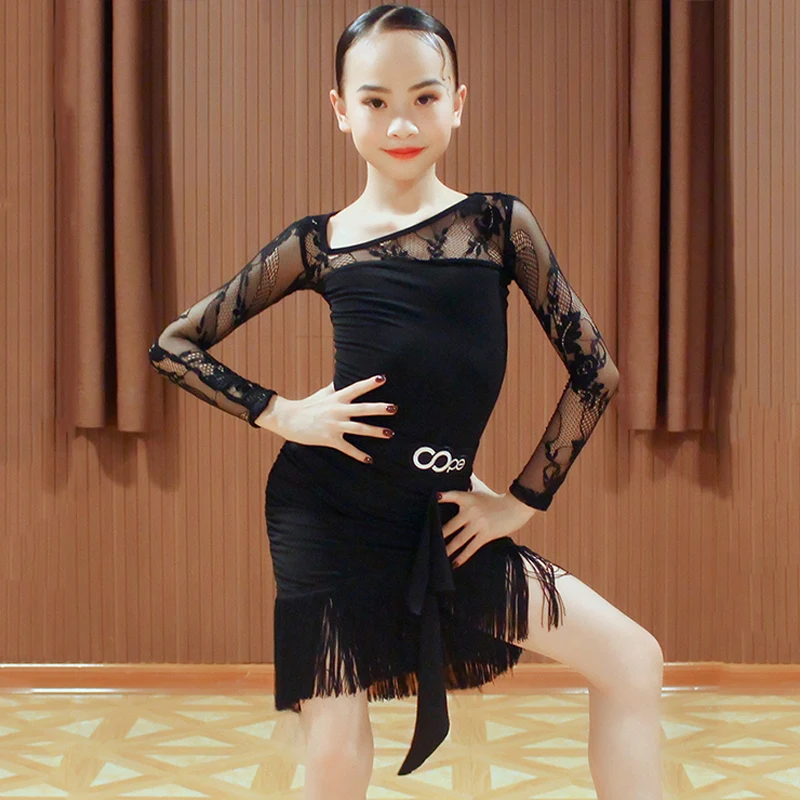 Женское кружевное платье для латиноамериканских танцев черное боди с юбкой
