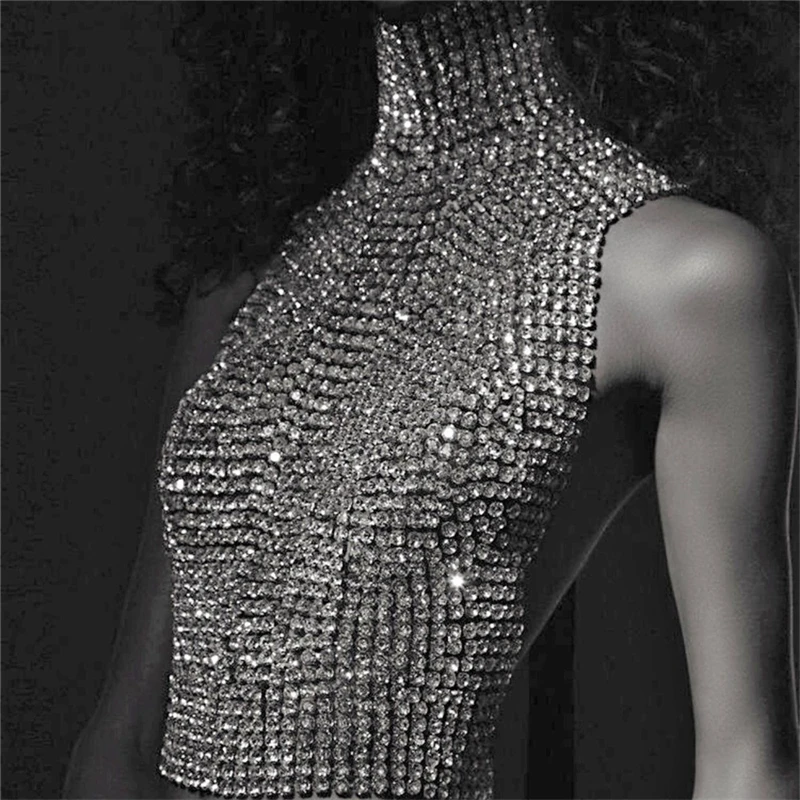 2022 Luxury Full Rhinestones Top Body Chain Bra Accessories for Women Exaggerated Crystal Body Bralette Chest Chain Jewelry