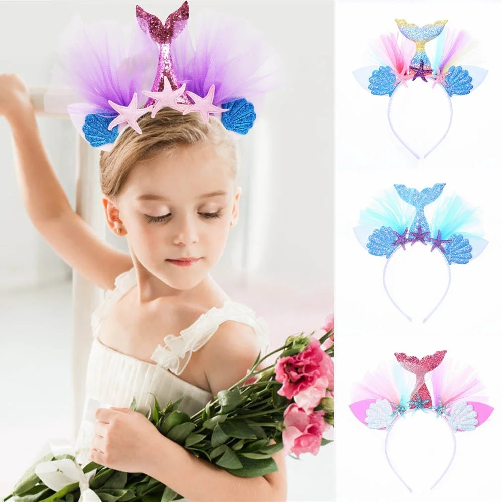 

The Little Mermaid Party Crown Headband Mermaid Hair With Fishtail Hat Beach Party Kids Birthday Show Decoration Wedding Cute