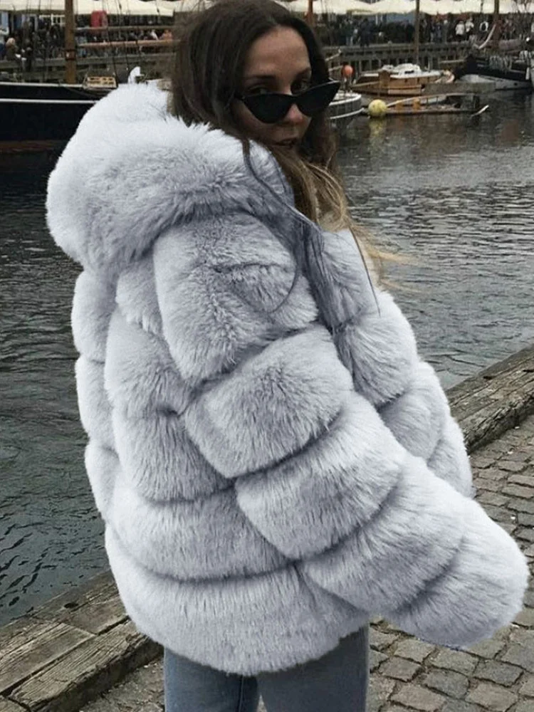 

Faux Fox Fur Coat Women Gray XS-4XL Hooded Fur Jackets 2023 Spring New Fashion Temperament Light Luxury Winter Warmth Clothing