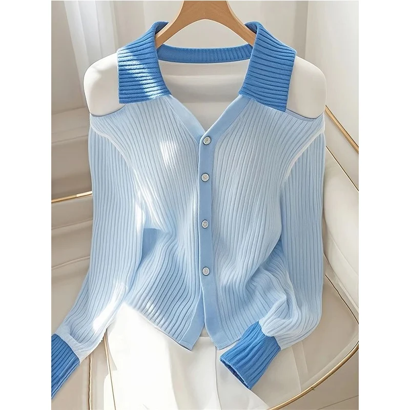 Женский вязаный кардиган с вырезом поло и открытыми плечами