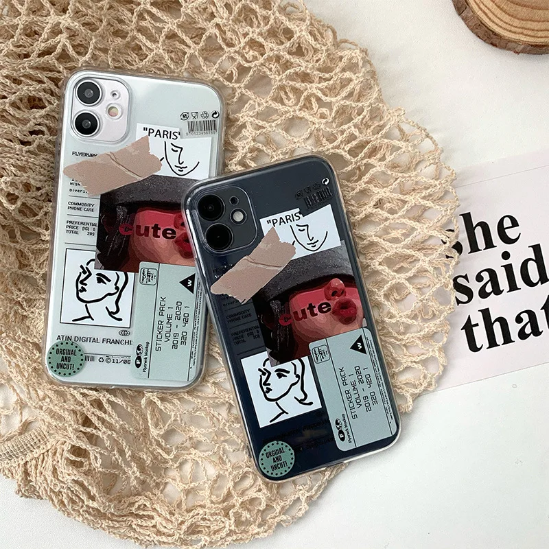 

INS Personality Labels Phone Case Cool Decor Tansparent TPU Cute Phone Case For iphone 13 12 11 Pro X XR XS Max Protection Case