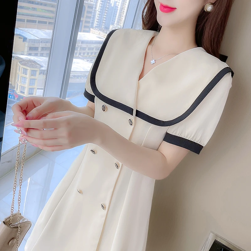 

Платье женское средней длины, Повседневная модная кофта с длинными рукавами, на пуговицах, с матросским воротником, Movafag