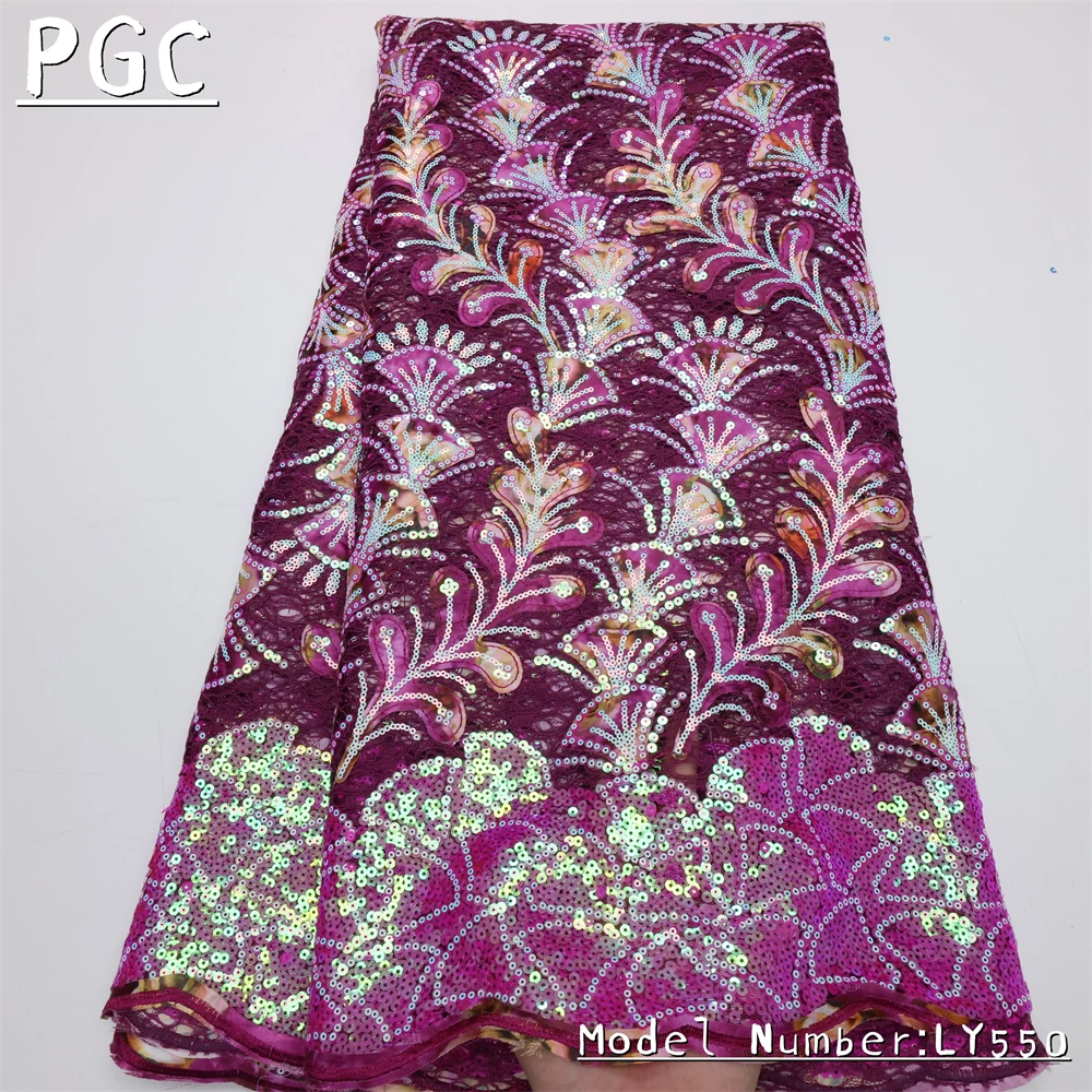 

PGC High Quality Materials Fashion 2022 African Tulle Embroidered Lace Fabric With Sequins For Wedding Dress Party Sewing LY550