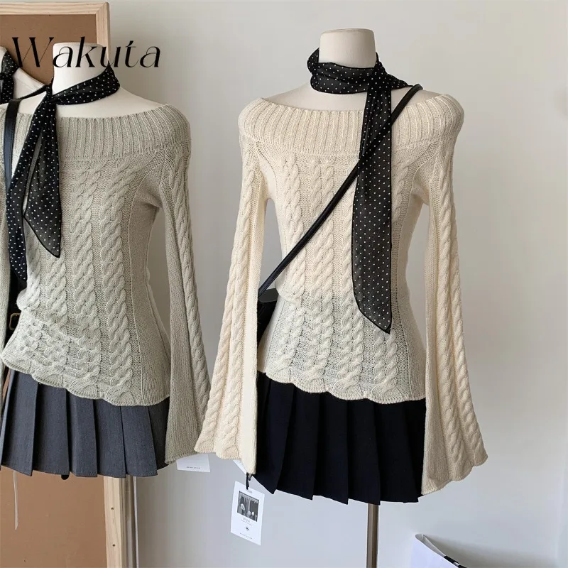 WAKUTA Retro Korean Gentle Wind One-line Collar Long-sleeved Knit Sweater Female Fall Youth Campus Style Slim Strapless Blouses