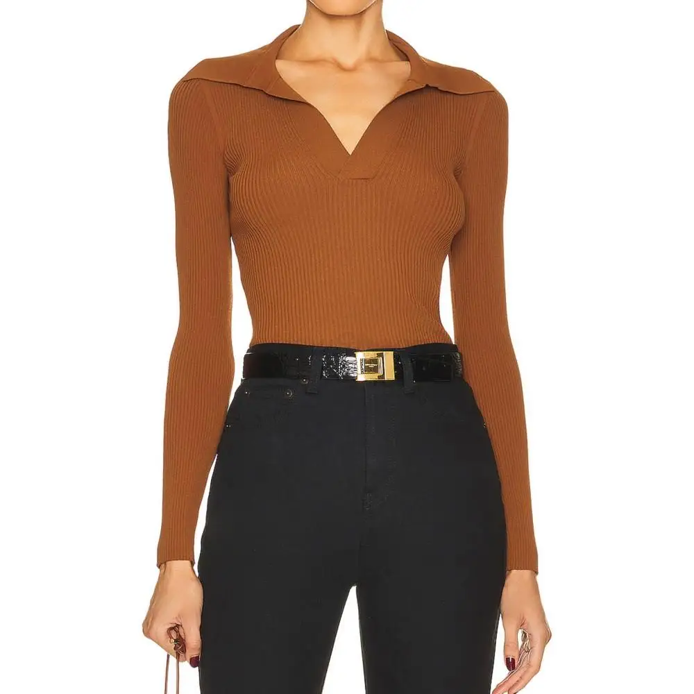 

Ladies Winter Long Sleeve Pullover V-Neck Pure Color Tight Rib Sweater Viscose Polyamide Thermal Elegant women's Clothing