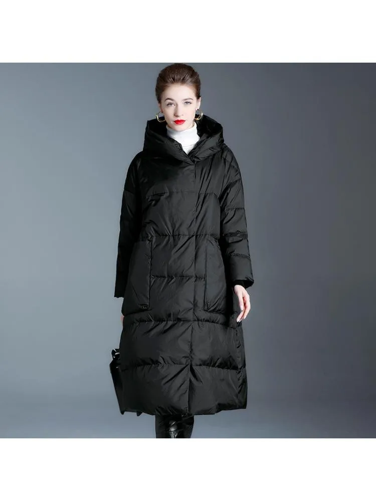 European Style 2022 Winter High End Loose Hooded Padded Black Long 90 White Duck Down Coats Women Warm Bread Clothing Jackets