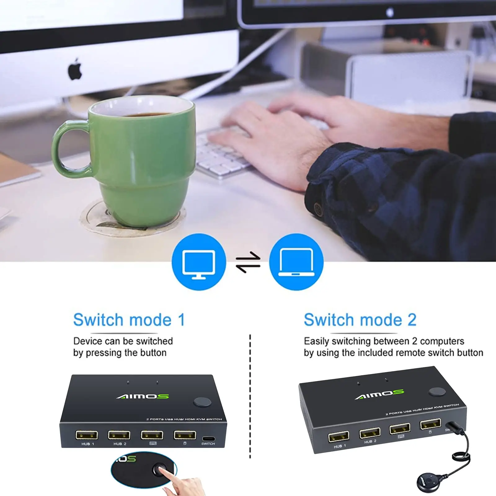 AIMOS USB HDMI KVM-переключатель 2-портовый 4K при 30 Гц для 2 компьютеров Share HD-монитор