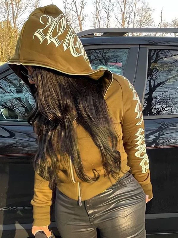

Women Letter zip up Y2k Hoodie Cardigan Punk Gothic Printed Sweatshirts new Cyber Clothes Jackets Streetwear 2022