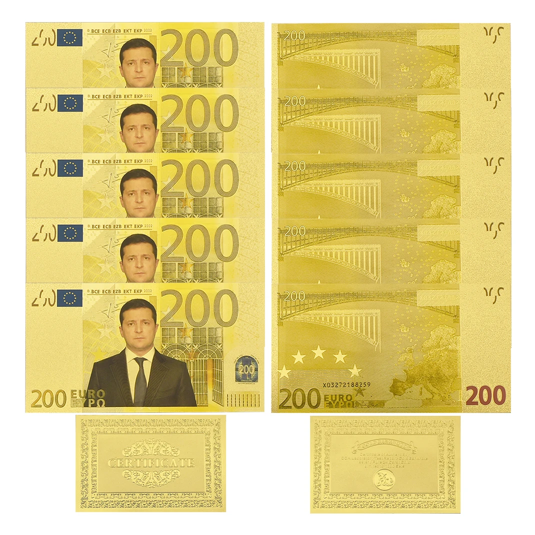 

10pcs/lot Zelensky 200 Euro Gold Foil Banknote Decorative Card Ukrainian President Commemorative Banknote Collection Gift