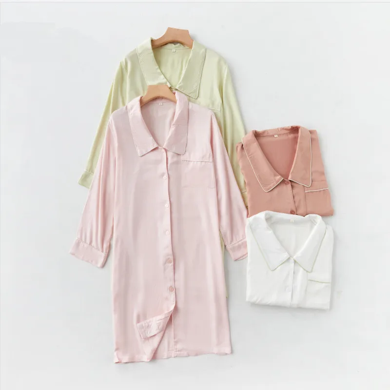 Simple Spring Summer Pajamas Tribute Satin Light Shirt Loungewear Pointed Collar Solid Color Medium-length Women Nightgown