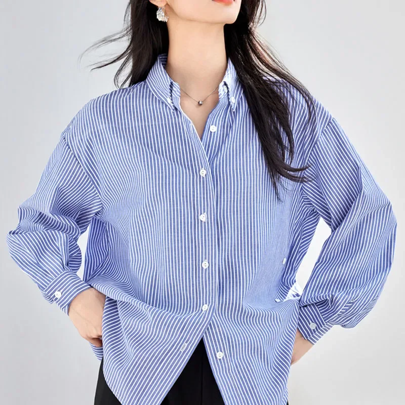 Осенняя полосатая женская рубашка с длинным рукавом и отложным воротником