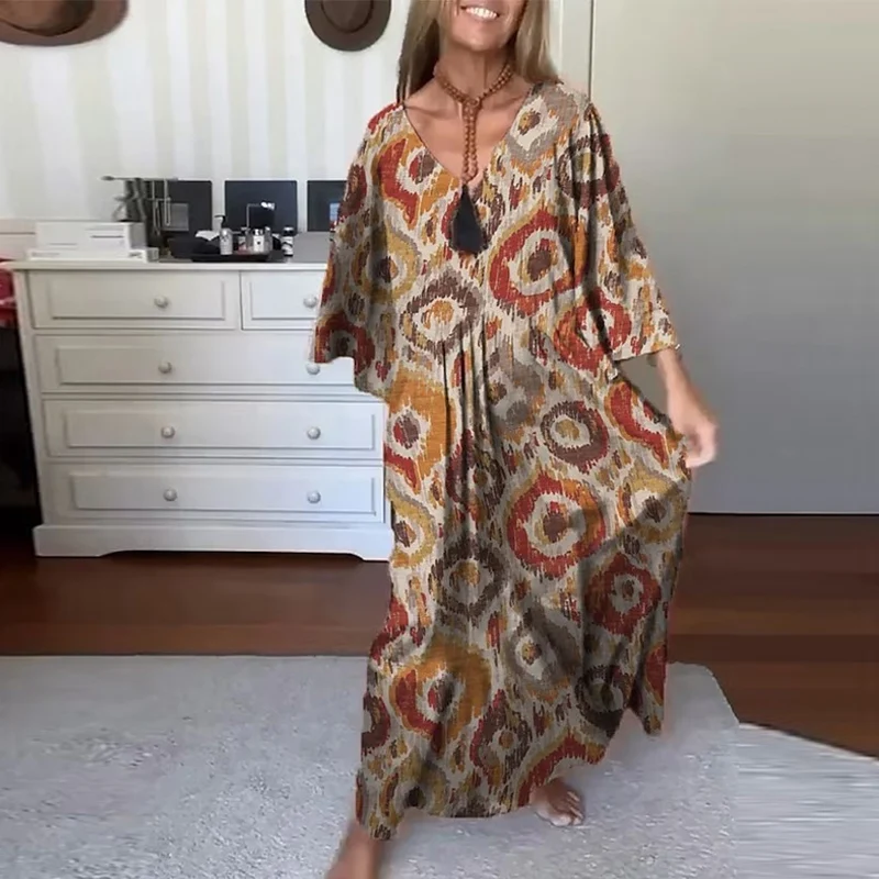 

Elegant Loose Boho Dresses Office Lady Casual V-neck Half Sleeve Pullover Dress 2023 Vintage Pattern Printed Pleated Long Dress