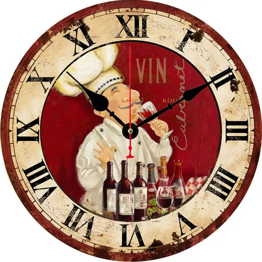

Wooden Kitchen Wall Clock 14" Inch Rustic Happy Chef Drink Wine Quartz Vintage Italian Cooking Chef Clock Home Shop Wall Ar